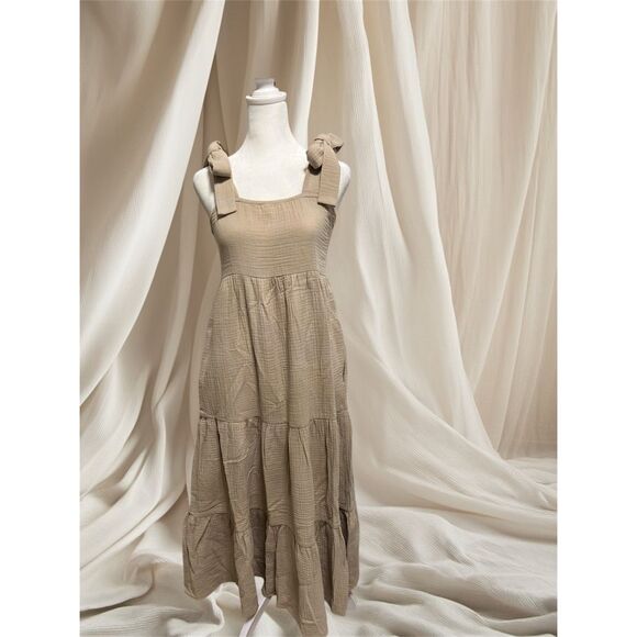 Sedge Women's XS Beige Sleeveless Square Neck Midi Dress - Picture 1 of 9
